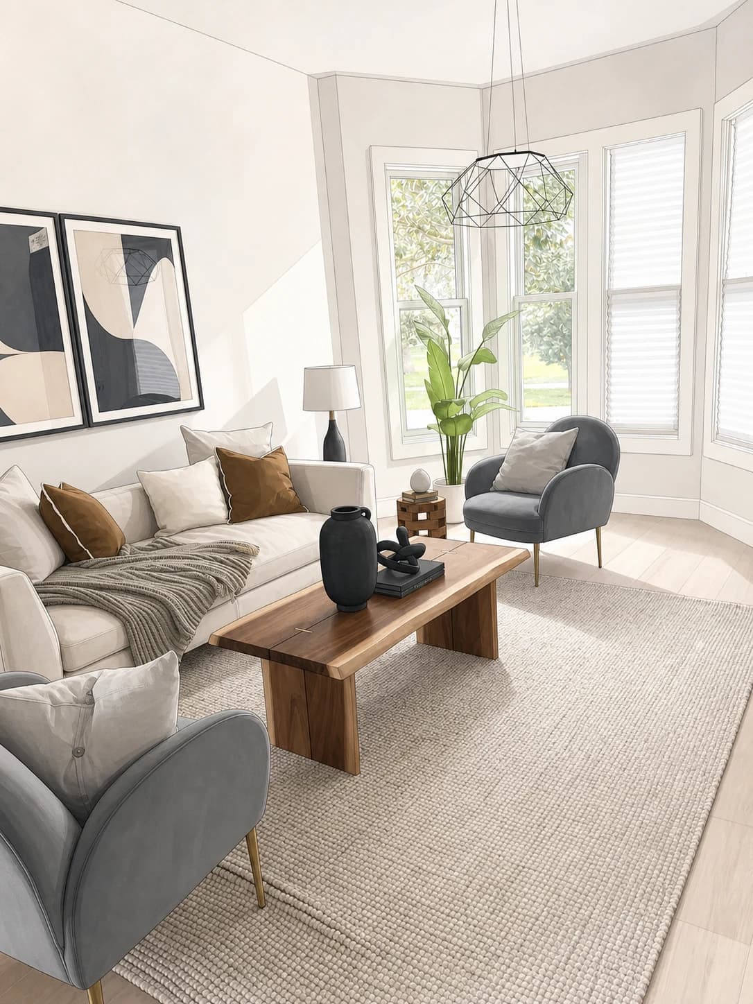 Architectural illustration of a finished living room with light walls, wood flooring, and large windows